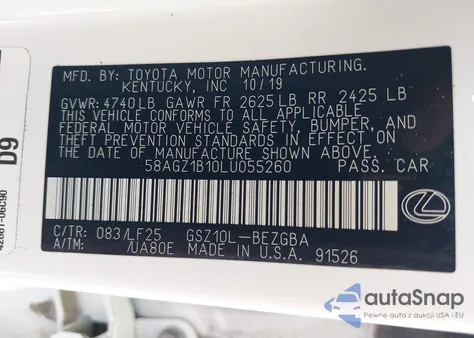 2020 Lexus Es 350 F Sport from USA, damaged, VIN 58AGZ1B10LU055260